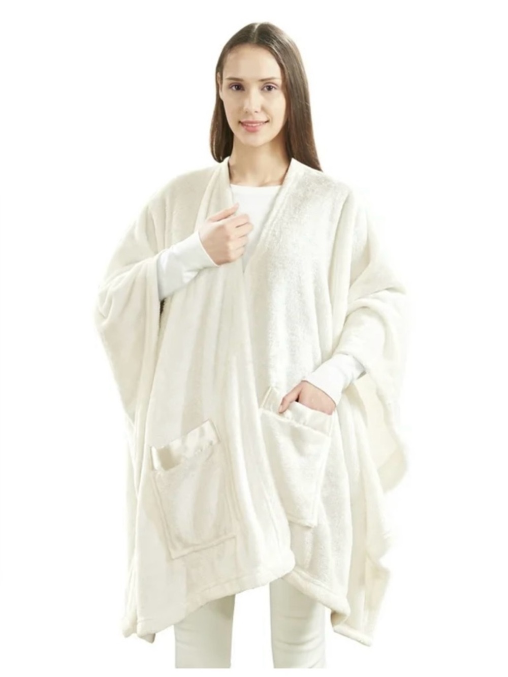 Wearable Angel Wrap Plush Throw Blanket with Pockets, Cream